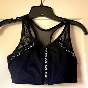 Victoria’s Secret PINK Ultimate black zip front sports bra w/ metallic size s